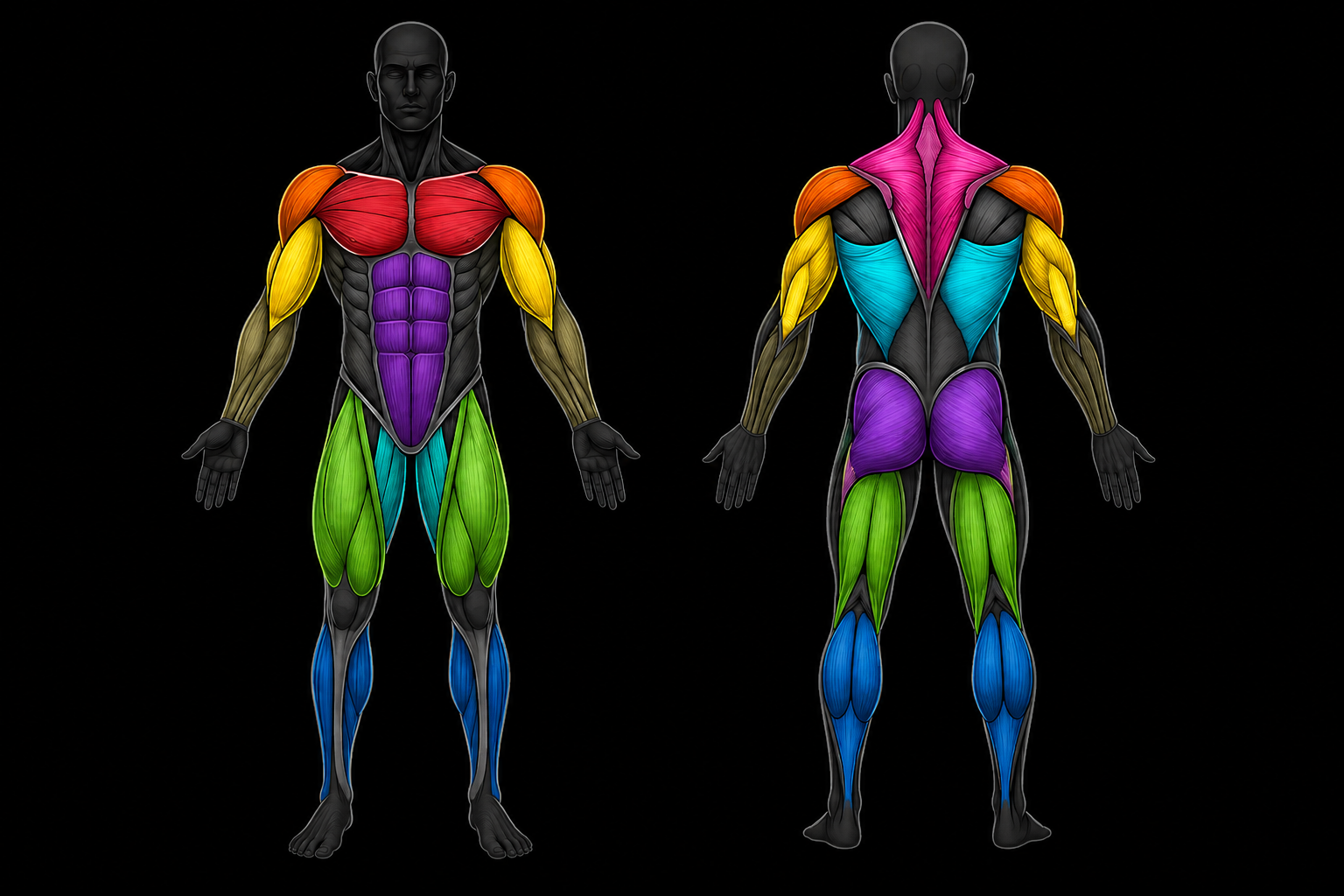 Mapa muscular del cuerpo humano: vista frontal y posterior con grupos musculares en colores